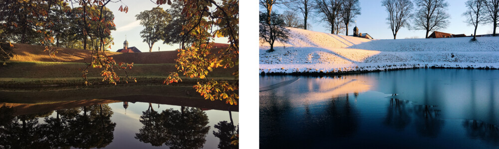 To billeder af sø med bakker og træer omkring - et fra efterår, et fra vinter med sne