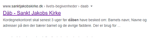 Skærmbillede fra google af link til siden om dåb på Sankt Jakobs Kirkes hjemmeside