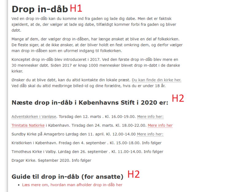 Skærmbillede fra københavns stifts hjemmeside - overskrifter er markeret som h1 og h2